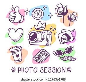 Vector illustration of photographic icon set with photo camera, mobile phone with social news feed, studio light, takeaway coffee cup, picture, heart with text. Hand drawn line art design style