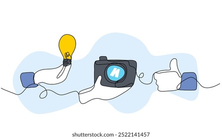 Vector illustration of photography line ideas and hobbies. Modern flat in continuous line style