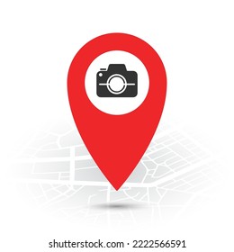 Vector illustration of Photography location. Simple icon in red color on White background.