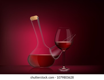 Vector illustration in photorealistic style. The image of a realistic glass transparent national Spanish vessel with wine and full glass on red dark background. Serving wine with decanter