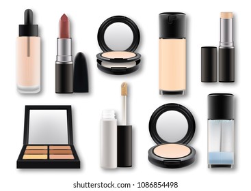 Vector illustration in photorealistic style.Set of realistic cosmetic bottles.Plastic,matte transparent,glass flacons with decorative cosmetics. Isolated objects on white background.