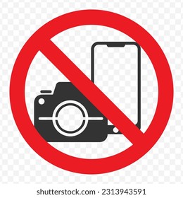 Vector illustration of photos and smartphones are prohibited icon in dark color and transparent background(png).