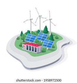 Vector illustration of photovoltaic solar panels, wind turbines and rechargeable lithium-ion battery electricity storage backup. Renewable energy electric smart power station island off-grid system.