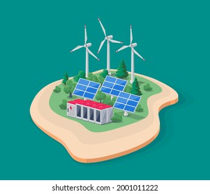 Vector illustration of photovoltaic solar panels, wind turbines and rechargeable lithium-ion battery electricity storage backup. Renewable energy electric smart power station island off-grid system.