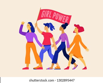 Vector illustration with phrase  girl power - feminist movement stronger together - concept for prints, t-shirts, cards, happy women with banner  - international women's day