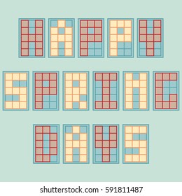 Vector illustration: phrase Happy spring days made of different color square pixel letter isolated on light green background