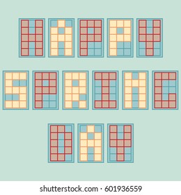 Vector illustration: phrase Happy spring day made of different color square pixel letter isolated on light green background