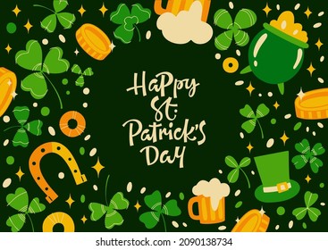 Vector illustration with phrase Happy St Patricks Day in round shaped frame on green background with traditional shamrock leaves and hat of leprechaun near coins and glass cups of beer