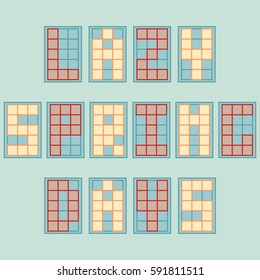 Vector illustration: phrase Lazy spring days made of different color square pixel letter isolated on light green background