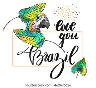 Vector illustration with phrase Love you Brazil. Hand drawn card template with handwritten lettering,parrot,tropical palm leaf,gold glitter in golden frame isolated on white background.