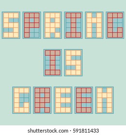 Vector illustration: phrase Spring is green made of different color square pixel letter isolated on light green background