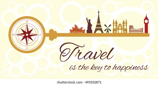 vector illustration with phrase Travel is the key to happiness in vintage retro style
