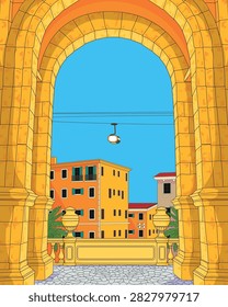 Vector illustration of Phu Quoc Island Sunset Town featuring a large yellow stone arch, colorful Mediterranean buildings, and the Hon Thom cable car against a clear blue sky.
