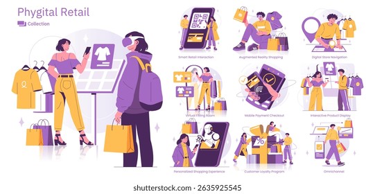 Vector illustration of a phygital retail experience showcasing augmented reality shopping, digital store navigation, and personalized shopping features, enhancing user interaction.