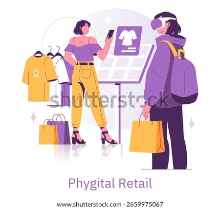 Vector illustration of a phygital retail experience where a person uses a smartphone for shopping while another uses virtual reality headset to view clothing options in a store setting.
