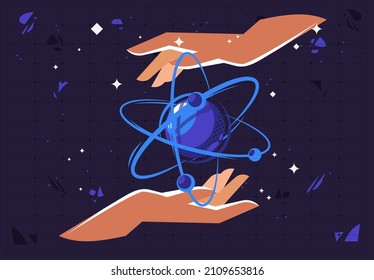 Vector illustration of the physical atom concept template, two hands on the palms above and below holding the particle atom - Shutterstock ID 2109653816