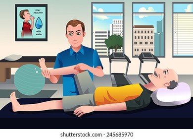 A vector illustration of physical therapist examining old manÃ?Â¢??s leg at the hospital 