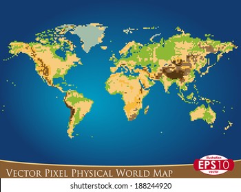 Vector illustration of Physical World map in pixel art style. Hand draw point by point. Background and objects separated on different layers. Objects named.