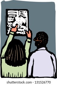 Vector illustration of physician looking at X-ray document
