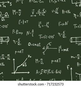 Vector illustration of physics education. Seamless pattern with handwritten formulas, tasks, plots. Endless texture. Seamless pattern. Laws of thermodynamics, Newton's laws, equations.