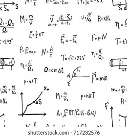 Vector illustration of physics education. Seamless pattern with handwritten formulas, tasks, plots. Endless texture. Seamless pattern. Laws of thermodynamics, Newton's laws, equations.