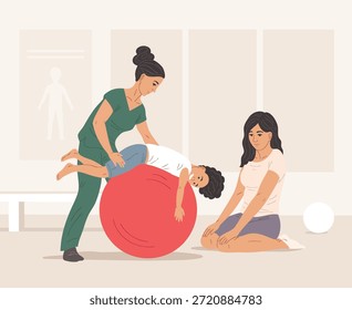 Ilustração vetorial de fisioterapeuta ajudando a criança durante a sessão de reabilitação. Cena de terapia pediátrica com bola de exercício e cuidador de suporte em ambientes fechados. Adequado para cuidados de saúde, reabilitação