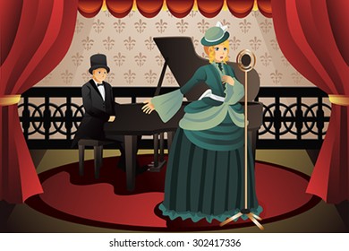 A vector illustration of pianist and singer performing on stage