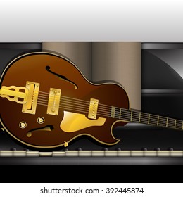 Vector illustration of a piano front view close-up and jazz guitar.