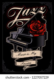 Vector illustration of the piano with rose and ribbon in tattoo style. Perfect for shirt prints. Layered, text is on the separate group.