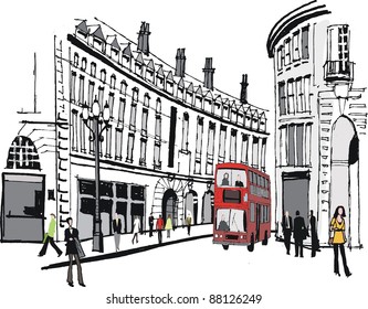 Vector illustration of PIccadilly buildings, London with red bus.