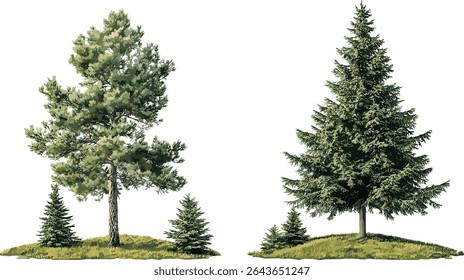 Ilustração vetorial de Picea mariana e Pinus contorta árvores frontais isoladas recorte, vegetação da floresta boreal, árvores selvagens, ambiente natural, elementos florestais, flora ao ar livre.