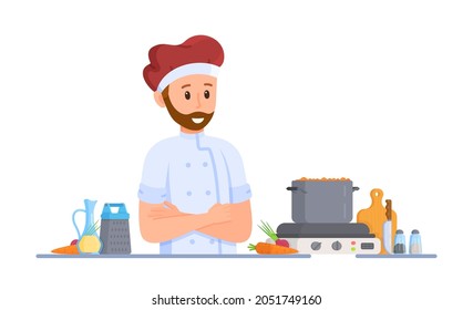 Vector illustration of piceola cooking. A man making borscht or soup on the stove. 