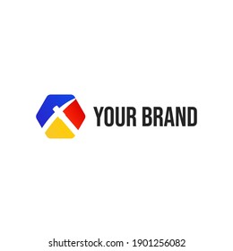 vector illustration of pickaxes logo in hexagonal shape whit red, blue and yellow color. perfect for mining business industry.