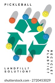 Ilustración vectorial de bolas de encurtido en rojo, azul y amarillo y un gran símbolo de reciclaje en verde con un ejemplo de texto sobre las bolas que están hechas de plástico que no son reciclables, lo que conduce a la contaminación por plásticos o contaminación blanca.