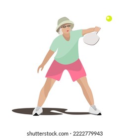 Vector illustration of a pickleball game. Woman of retirement age plays pickleball. An elderly woman and sports. 