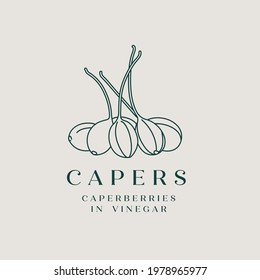 Vector illustration pickled capers - simple linear style. Logo composition with caperberries and typography.