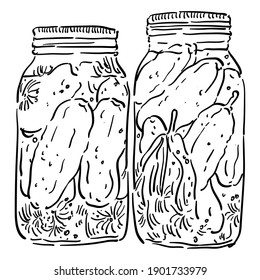 Vector illustration with pickled cucumbers in a glass jar