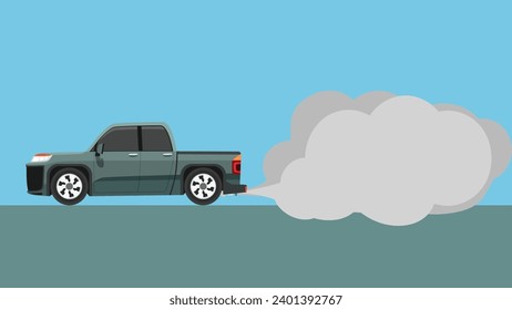 Vector or Illustration of pickup cartoon car passes by emitting pollution fumes or smoke from the exhaust pipe. Empty space for text in the smoke.