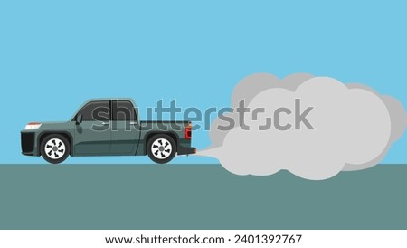 Vector or Illustration of pickup cartoon car passes by emitting pollution fumes or smoke from the exhaust pipe. Empty space for text in the smoke.