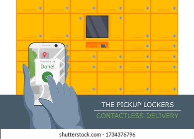 Vector illustration of pickup locker service. Flat concept design of contactless delivery. Non-contact express logistic service in quarantine. Courier putting location in phone for pick up purchase