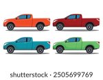 Vector illustration of pickup truck in cartoon flat style. Pickup truck vector mockup on white background for vehicle transportation illustration. View from side, four color different, double cabin