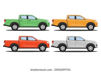 Vector illustration of pickup truck in cartoon flat style. Pickup truck vector mockup on white background for vehicle transportation illustration. View from side, four color different, double cabin