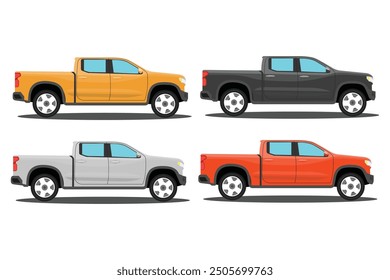 Vector illustration of pickup truck in cartoon flat style. Pickup truck vector mockup on white background for vehicle transportation illustration. View from side, four color different, double cabin