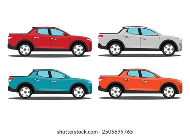 Vector illustration of pickup truck in cartoon flat style. Pickup truck vector mockup on white background for vehicle transportation illustration. View from side, four color different, double cabin