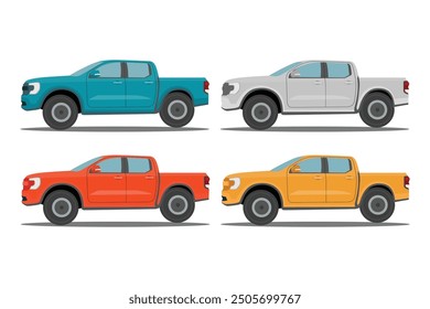 Vector illustration of pickup truck in cartoon flat style. Pickup truck vector mockup on white background for vehicle transportation illustration. View from side, four color different, double cabin