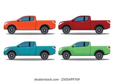 Vector illustration of pickup truck in cartoon flat style. Pickup truck vector mockup on white background for vehicle transportation illustration. View from side, four color different, double cabin