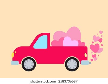 vector illustration with pickup truck with hearts. valentine's day card, wedding, wedding invitation. love and infatuation theme, flat style