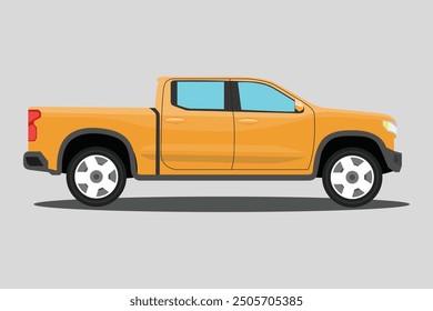 Vector illustration of pickup truck side view. Illustration car in cartoon flat style. Truck double cabin modern transportation. Large vehicle automotive technology