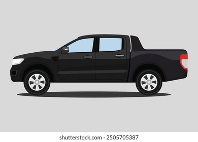 Vector illustration of pickup truck side view. Illustration car in cartoon flat style. Truck double cabin modern transportation. Large vehicle automotive technology