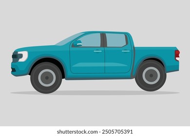 Vector illustration of pickup truck side view. Illustration car in cartoon flat style. Truck double cabin modern transportation. Large vehicle automotive technology